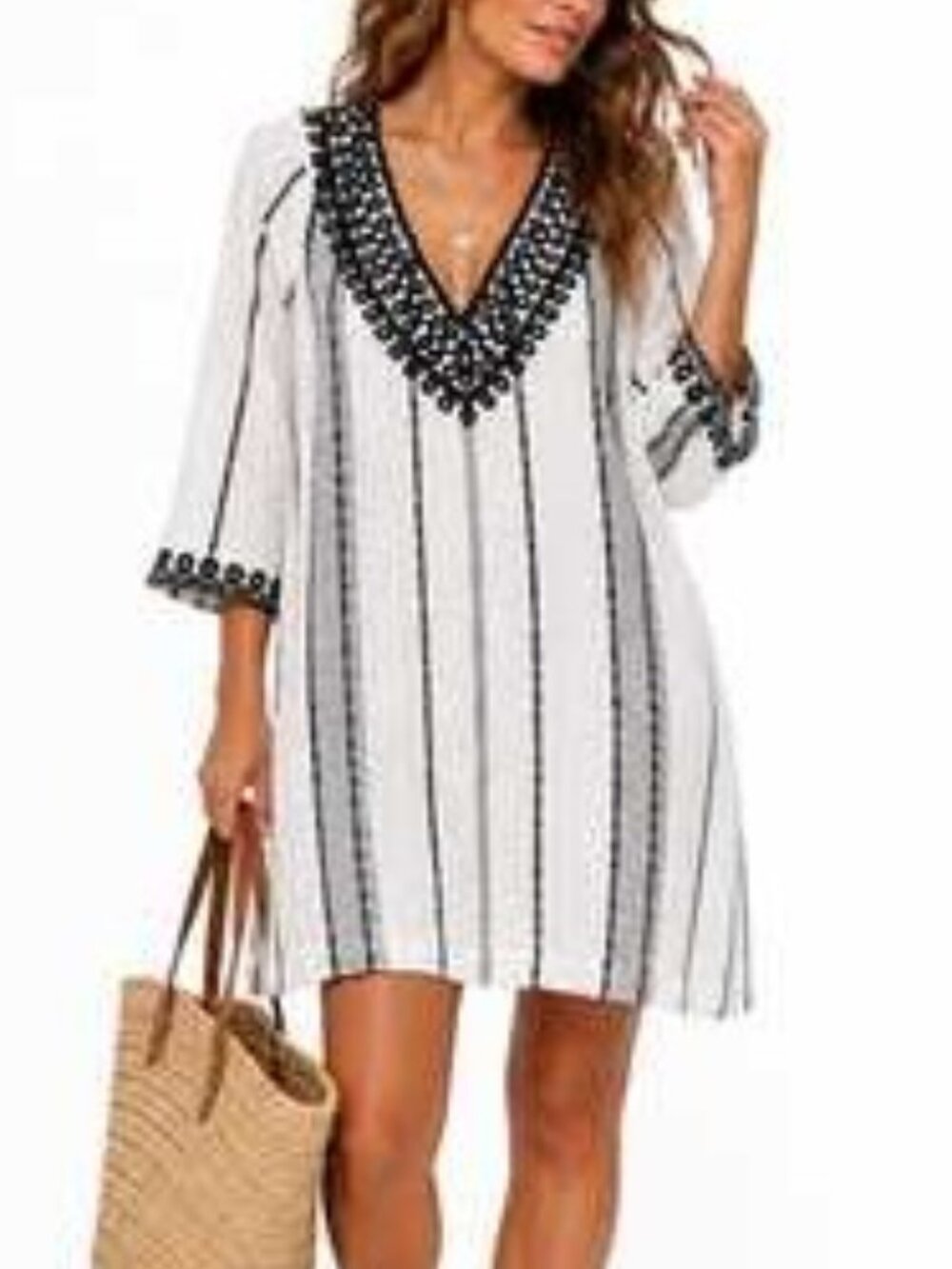 Soft Surroundings Black & White Coco De Mer Dress Cotton Blue Ivory Women Size M